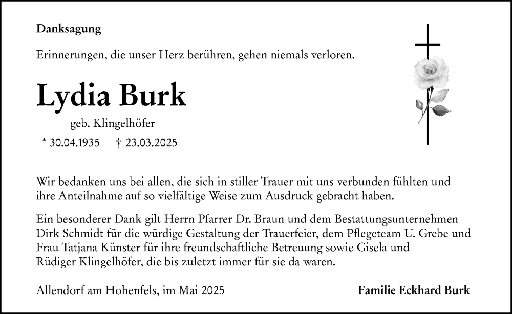 Traueranzeige für Lydia Burk vom 10.05.2025 aus Hinterländer Anzeiger