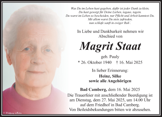 Traueranzeige von Magrit Staat von Camberger Anzeiger