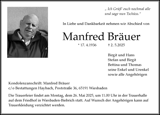 Traueranzeige von Manfred Bräuer von Wiesbadener Kurier