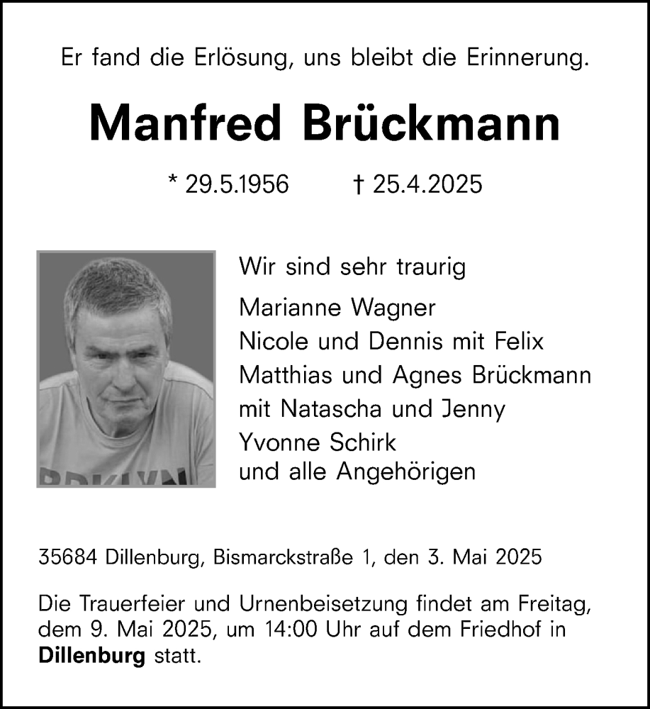  Traueranzeige für Manfred Brückmann vom 03.05.2025 aus Dill Block