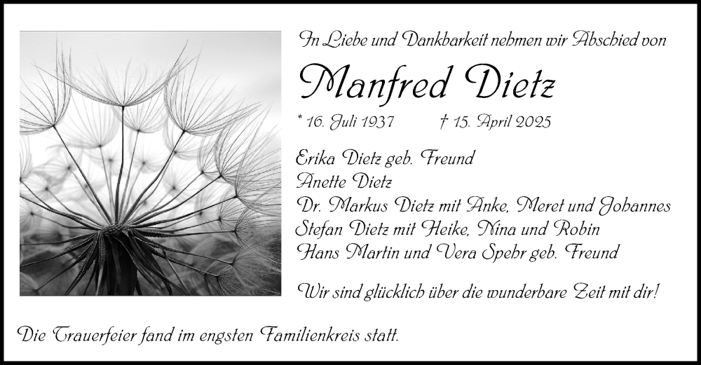  Traueranzeige für Manfred Dietz vom 03.05.2025 aus Wetzlarer Neue Zeitung