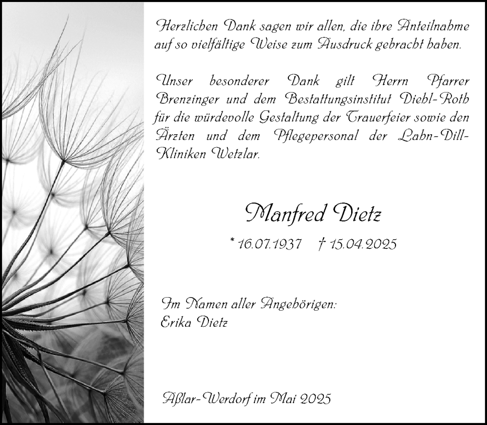  Traueranzeige für Manfred Dietz vom 24.05.2025 aus Wetzlarer Neue Zeitung
