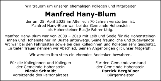 Traueranzeige von Manfred Hany-Blum von Idsteiner Land/Untertaunus