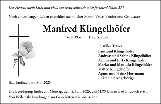 Traueranzeige von Manfred Klingelhöfer von Hinterländer Anzeiger