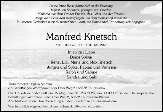 Traueranzeige von Manfred Knetsch von Wiesbadener Kurier