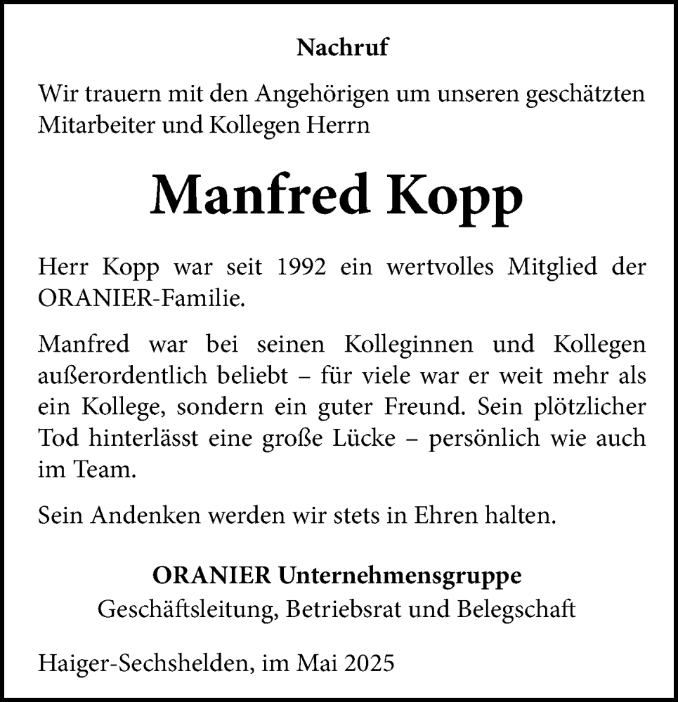  Traueranzeige für Manfred Kopp vom 14.05.2025 aus Dill Block