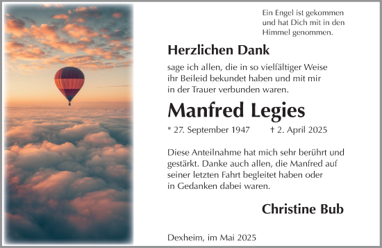 Traueranzeige von Manfred Legies von Allgemeine Zeitung Mainz