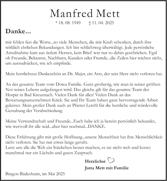 Traueranzeige von Manfred Mett von Binger-/Ingelheimer Wochenblatt