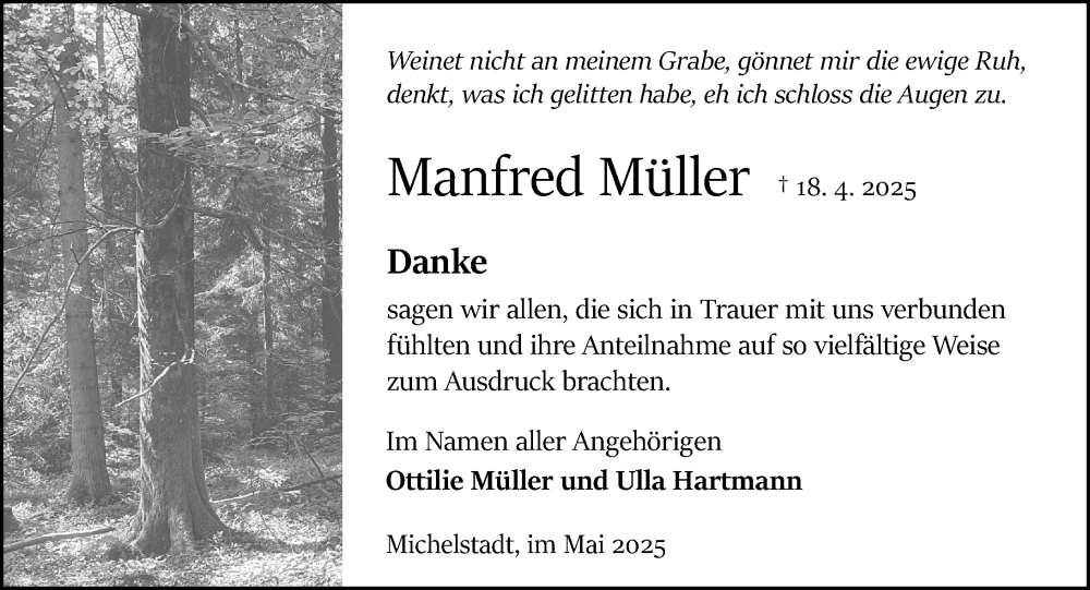 Traueranzeige für Manfred Müller vom 31.05.2025 aus Odenwälder Echo