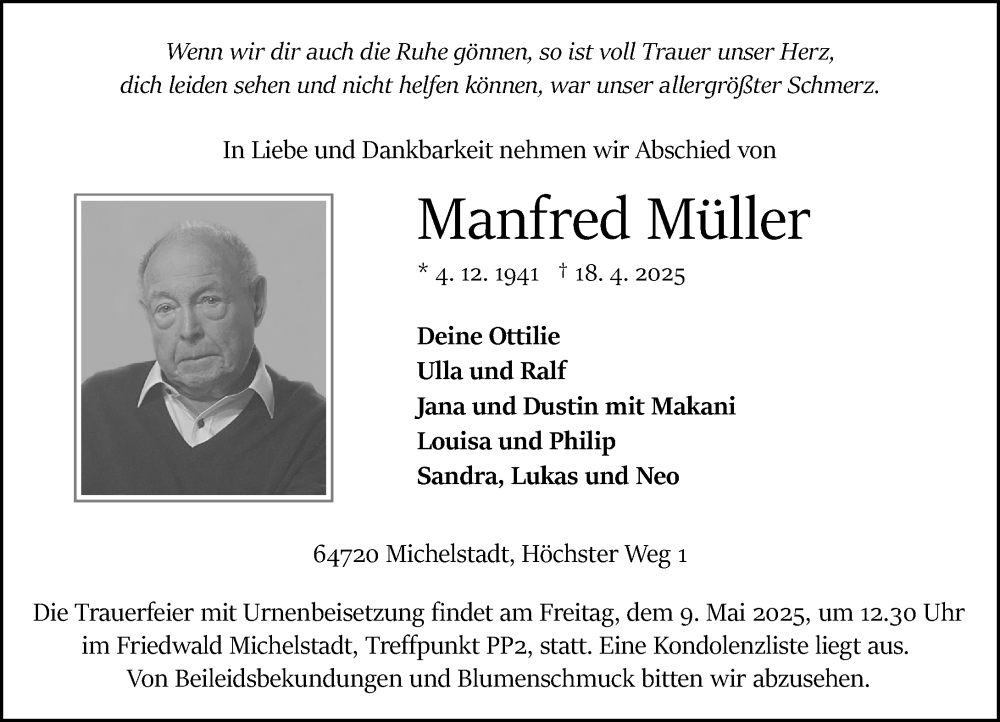 Traueranzeige für Manfred Müller vom 03.05.2025 aus Odenwälder Echo