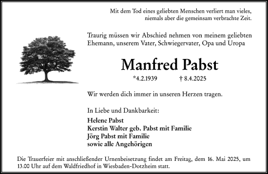 Traueranzeige von Manfred Pabst von Wiesbadener Kurier