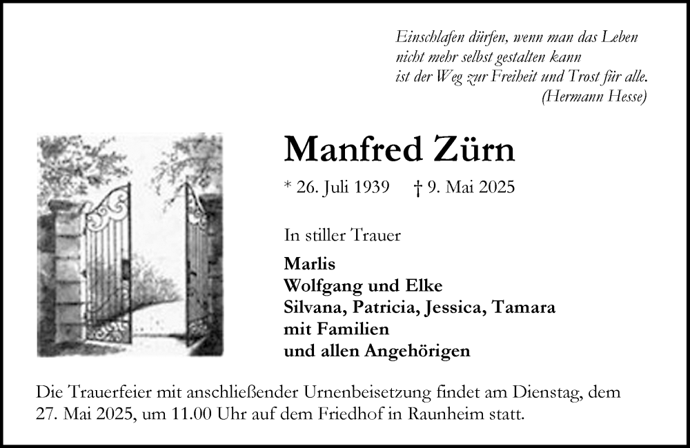  Traueranzeige für Manfred Zürn vom 17.05.2025 aus Rüsselsheimer Echo