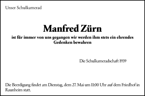 Traueranzeige von Manfred Zürn von Rüsselsheimer Echo