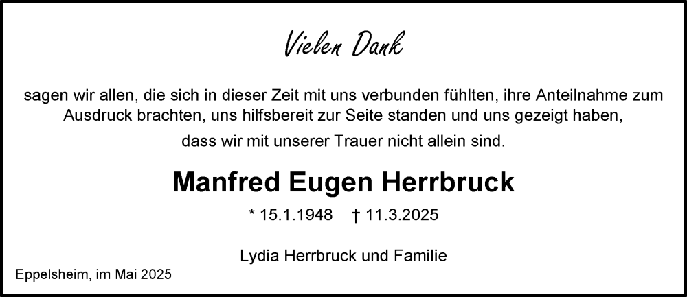  Traueranzeige für Manfred Eugen Herrbruck vom 03.05.2025 aus Allgemeine Zeitung Alzey