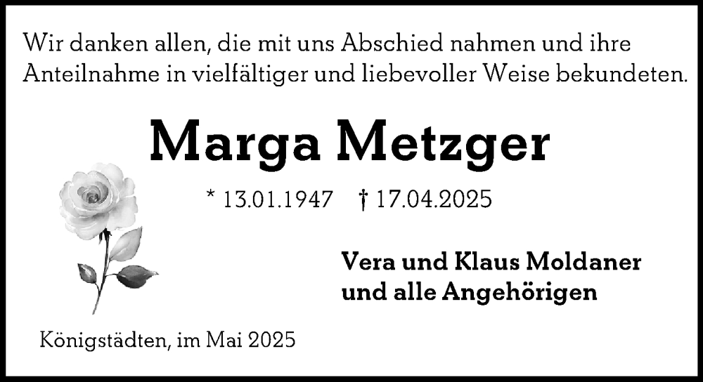  Traueranzeige für Marga Metzger vom 17.05.2025 aus Rüsselsheimer Echo