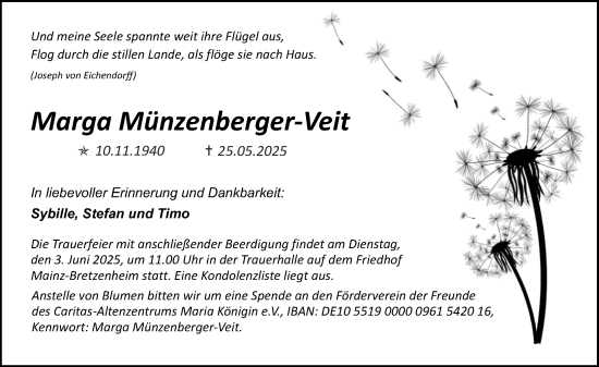 Traueranzeige von Marga Veit von Allgemeine Zeitung Mainz