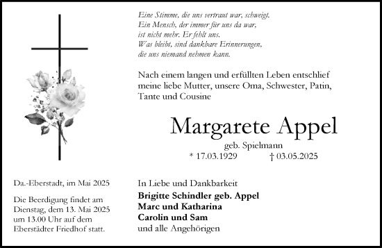 Traueranzeige von Margarete Appel von Darmstädter Echo