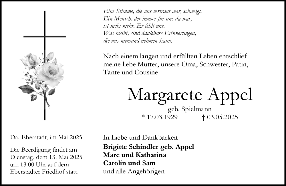  Traueranzeige für Margarete Appel vom 10.05.2025 aus Darmstädter Echo