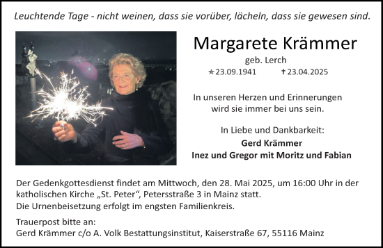 Traueranzeige von Margarete Krämmer von Allgemeine Zeitung Mainz
