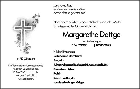 Traueranzeige von Margarethe Dattge von Odenwälder Echo