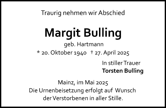 Traueranzeige von Margit Bulling von Allgemeine Zeitung Mainz