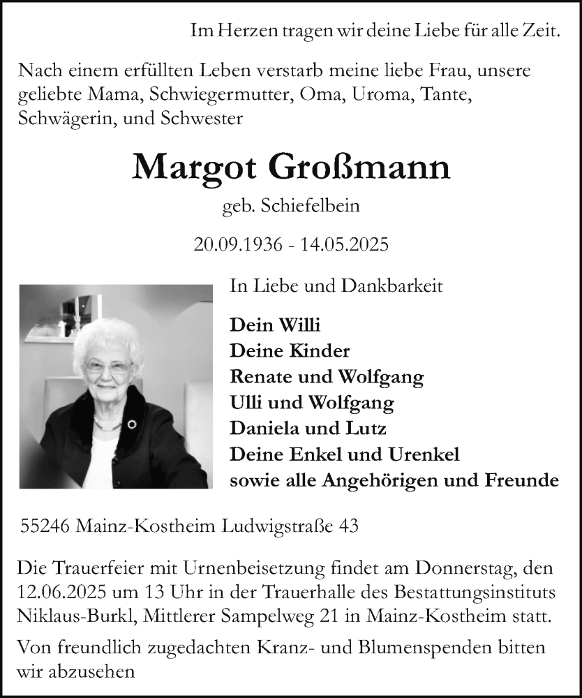  Traueranzeige für Margot Großmann vom 31.05.2025 aus Allgemeine Zeitung Mainz
