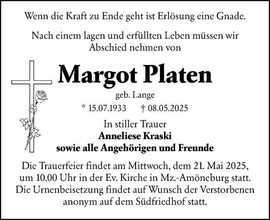 Traueranzeige von Margot Platen von Wiesbadener Kurier