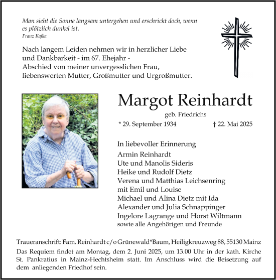 Traueranzeige von Margot Reinhardt von Allgemeine Zeitung Mainz