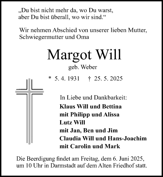 Traueranzeige von Margot Will von Darmstädter Echo