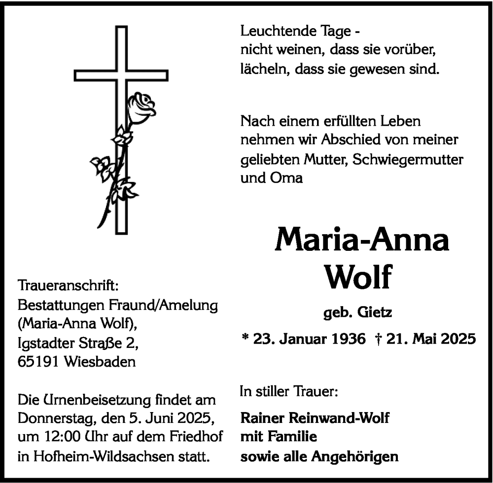  Traueranzeige für Maria-Anna Wolf vom 31.05.2025 aus Wiesbadener Kurier