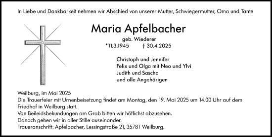 Traueranzeige von Maria Apfelbacher von Weilburger Tageblatt