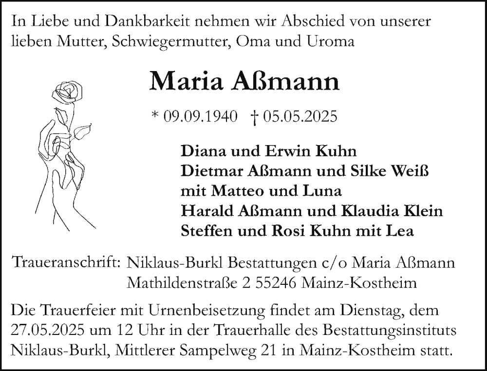  Traueranzeige für Maria Aßmann vom 24.05.2025 aus Allgemeine Zeitung Mainz