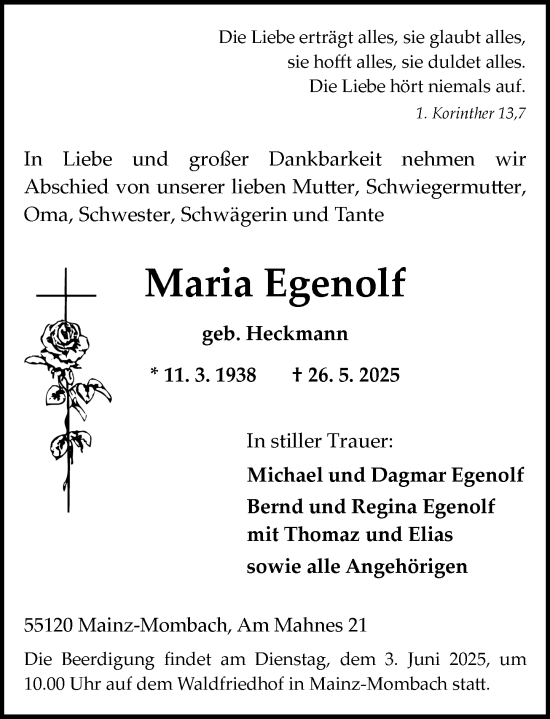 Traueranzeige von Maria Egenolf von Allgemeine Zeitung Mainz