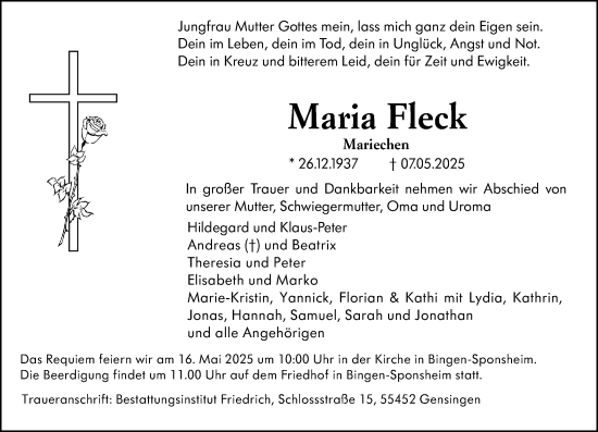 Traueranzeige von Maria Fleck von Allgemeine Zeitung Rheinhessen-Nahe