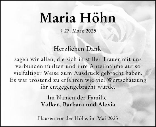 Traueranzeige von Maria Höhn von Wiesbadener Kurier
