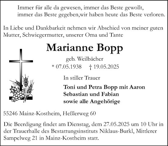 Traueranzeige von Marianne Bopp von Allgemeine Zeitung Mainz