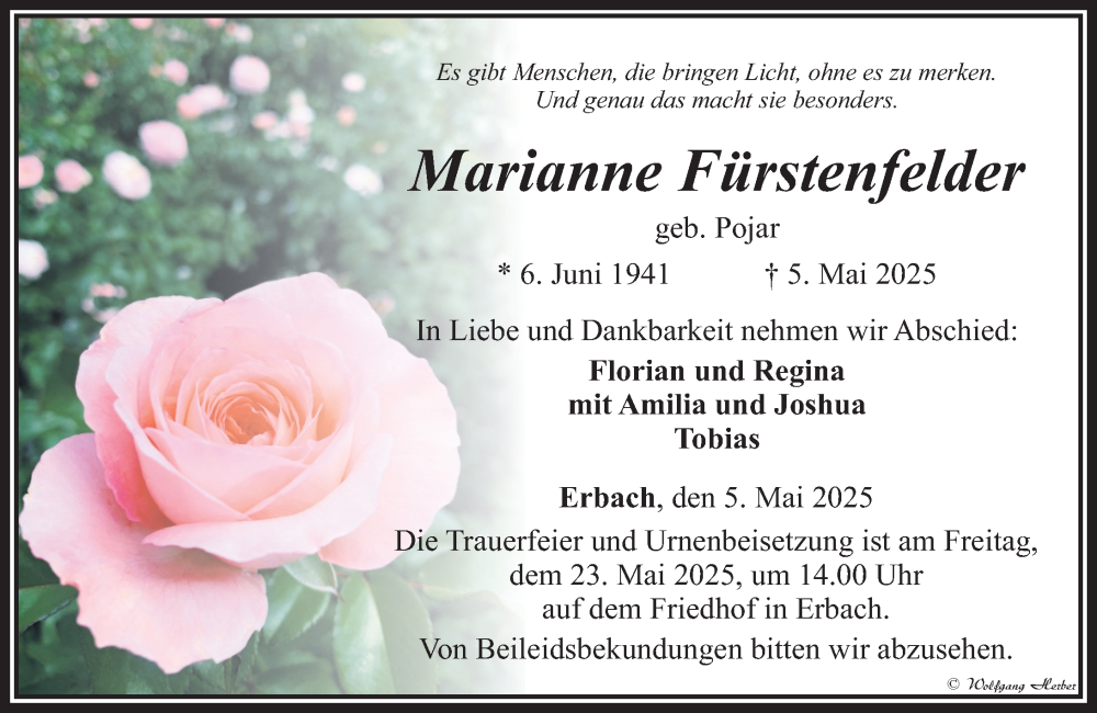  Traueranzeige für Marianne Fürstenfelder vom 15.05.2025 aus Camberger Anzeiger