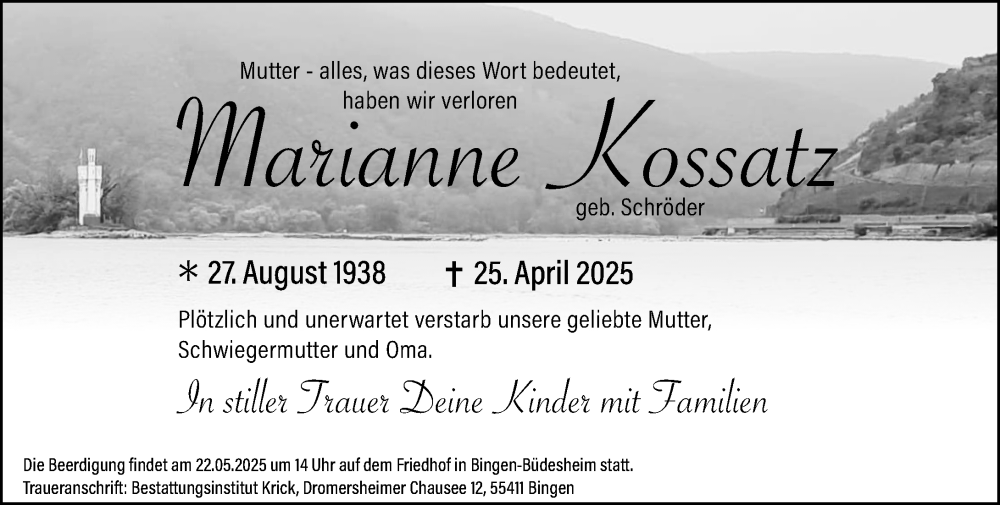  Traueranzeige für Marianne Kossatz vom 17.05.2025 aus Binger-/Ingelheimer Wochenblatt
