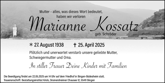 Traueranzeige von Marianne Kossatz von Binger-/Ingelheimer Wochenblatt