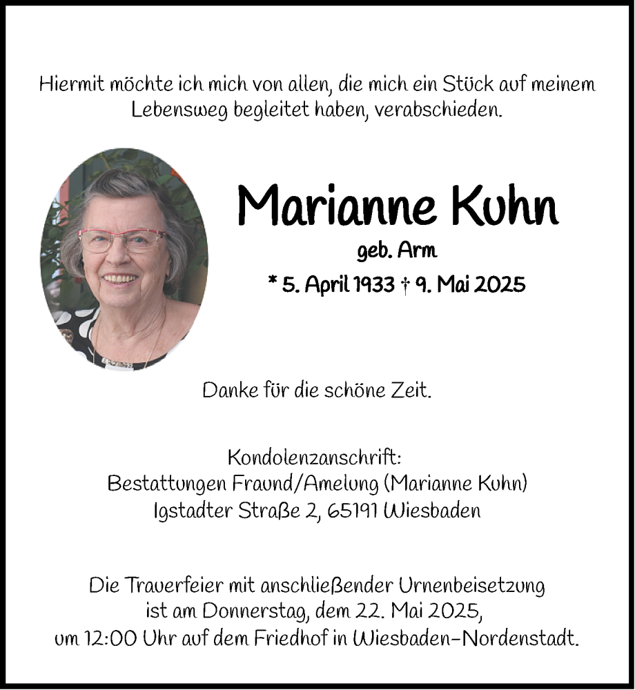  Traueranzeige für Marianne Kuhn vom 17.05.2025 aus Wiesbadener Kurier