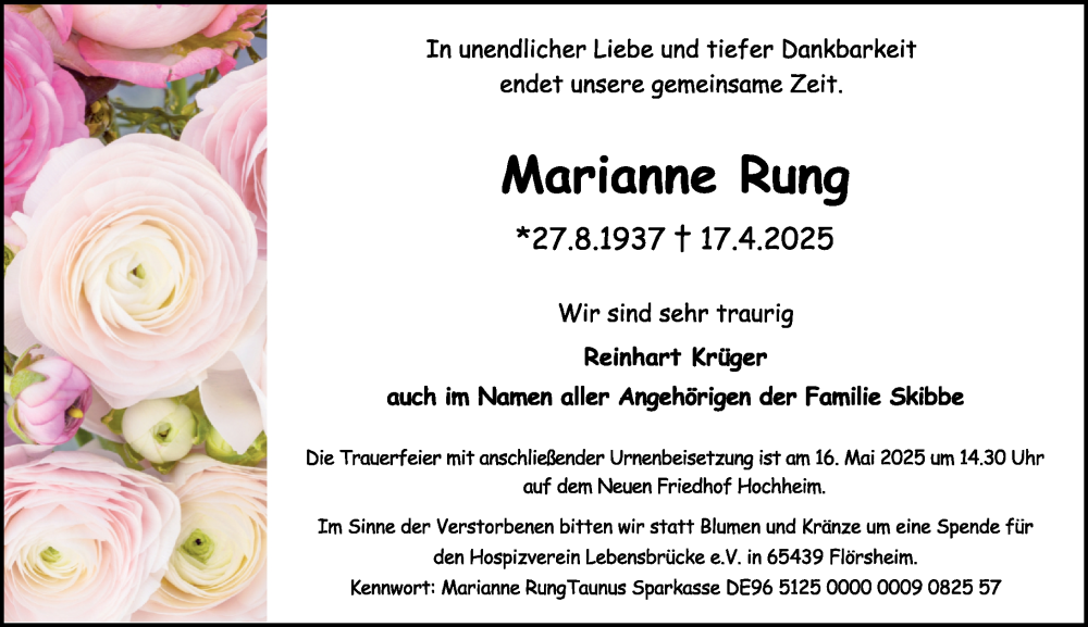  Traueranzeige für Marianne Rung vom 09.05.2025 aus Hochheimer Zeitung