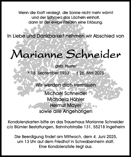 Traueranzeige von Marianne Schneider von Allgemeine Zeitung Rheinhessen-Nahe