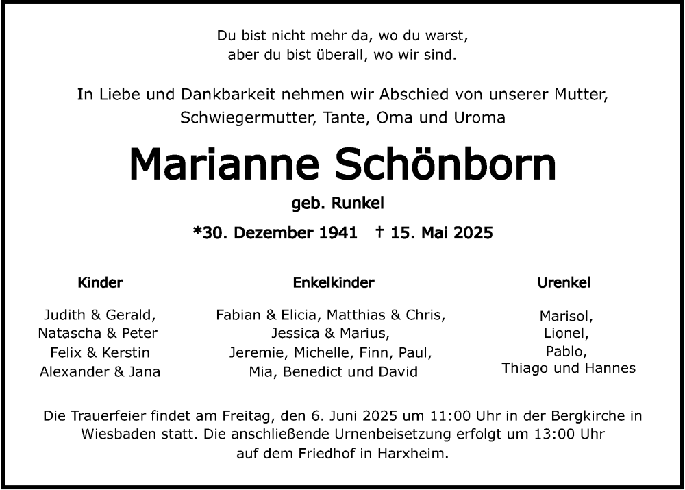  Traueranzeige für Marianne Schönborn vom 31.05.2025 aus Allgemeine Zeitung Mainz