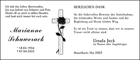 Traueranzeige von Marianne Schuwerack von Camberger Anzeiger