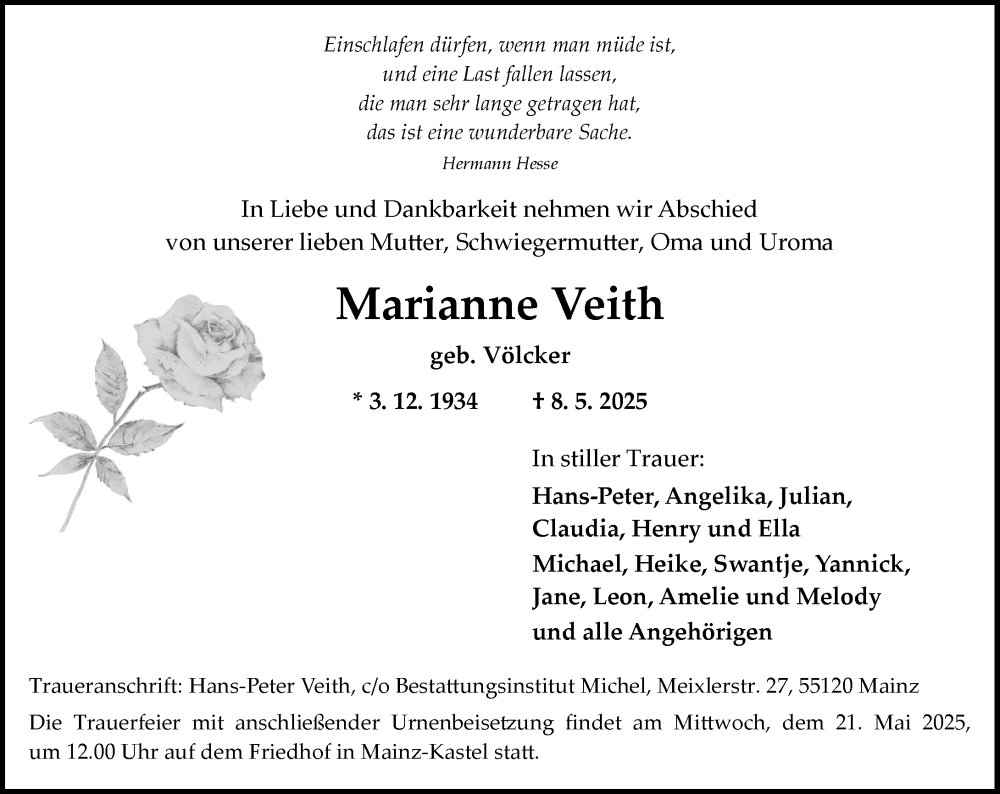  Traueranzeige für Marianne Veith vom 17.05.2025 aus Allgemeine Zeitung Mainz