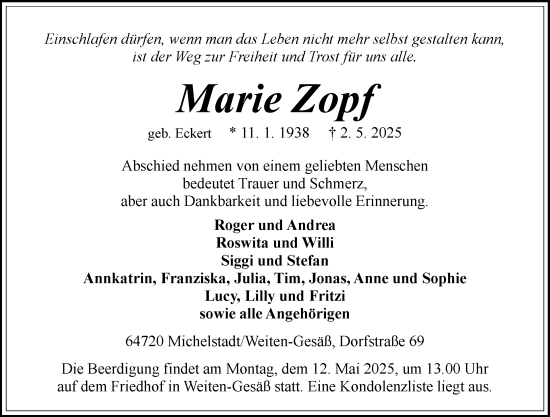Traueranzeige von Marie Zopf von Odenwälder Echo