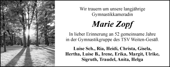 Traueranzeige von Marie Zopf von Odenwälder Echo