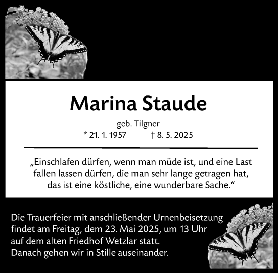 Traueranzeige von Marina Staude von Wetzlarer Neue Zeitung