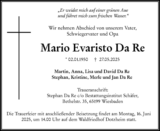 Traueranzeige von Mario Evaristo Da Re von Wiesbadener Kurier