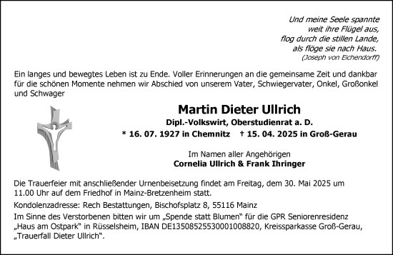 Traueranzeige von Martin Dieter Ullrich von Allgemeine Zeitung Mainz